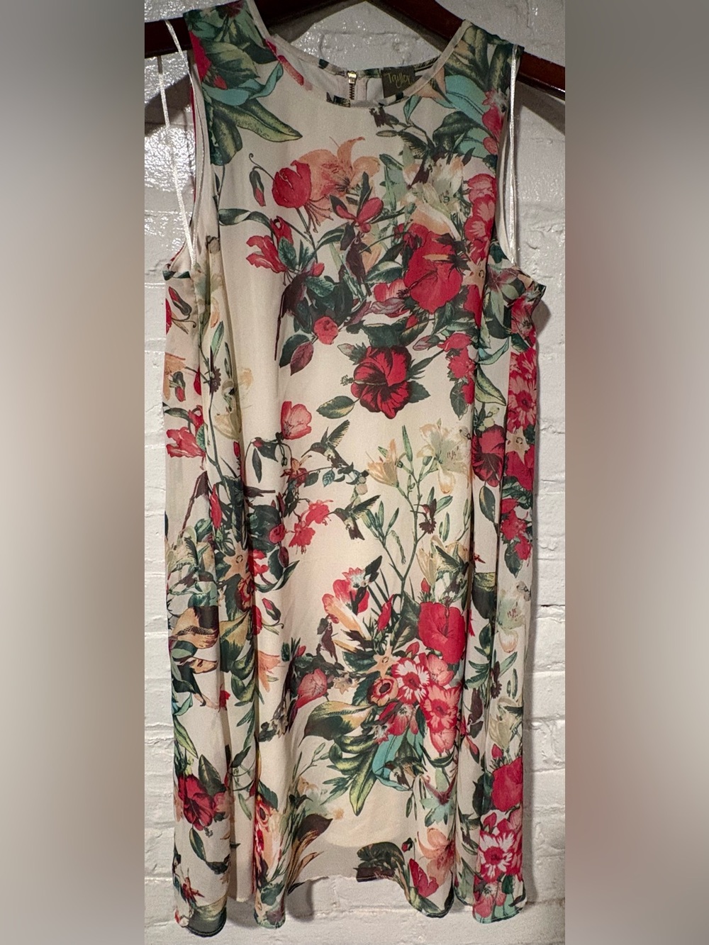 Cream Floral Sleeveless Shift swing Dress with Red & Green Print